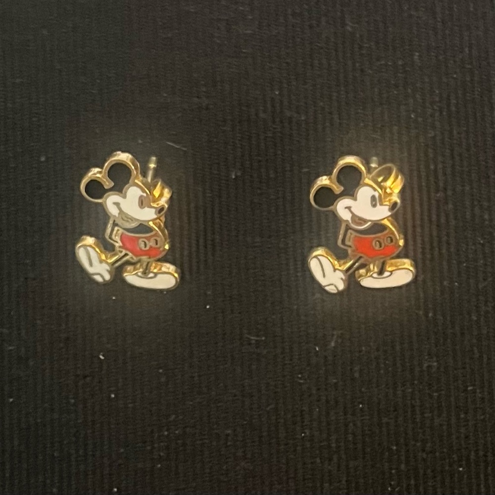 Vintage 70's Mickey Mouse Walt Disney Enamel Gold Tone Stud Earrings, 3/4"
